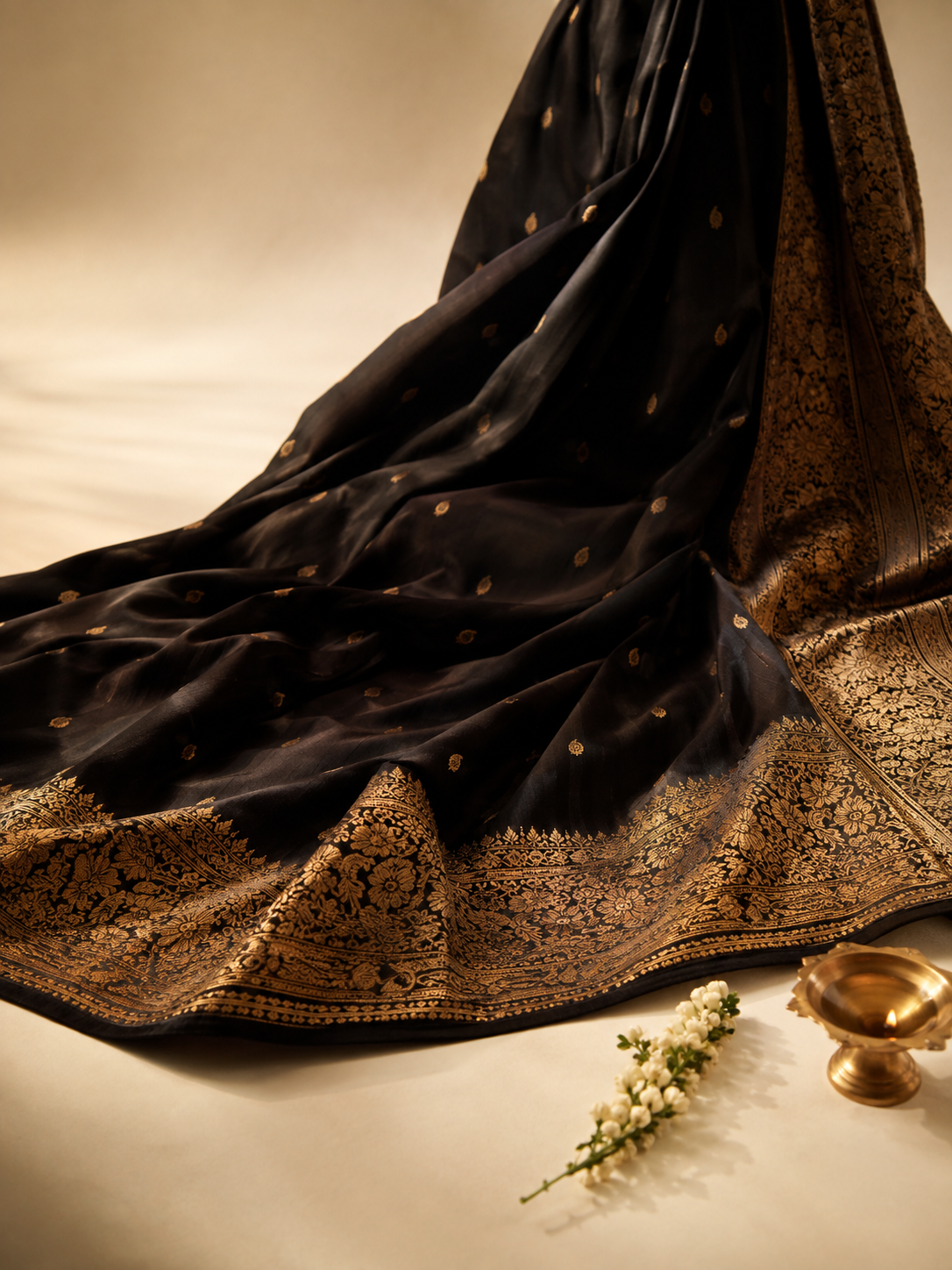 Silk saree with a gold zari border, styled for virtual try-on
